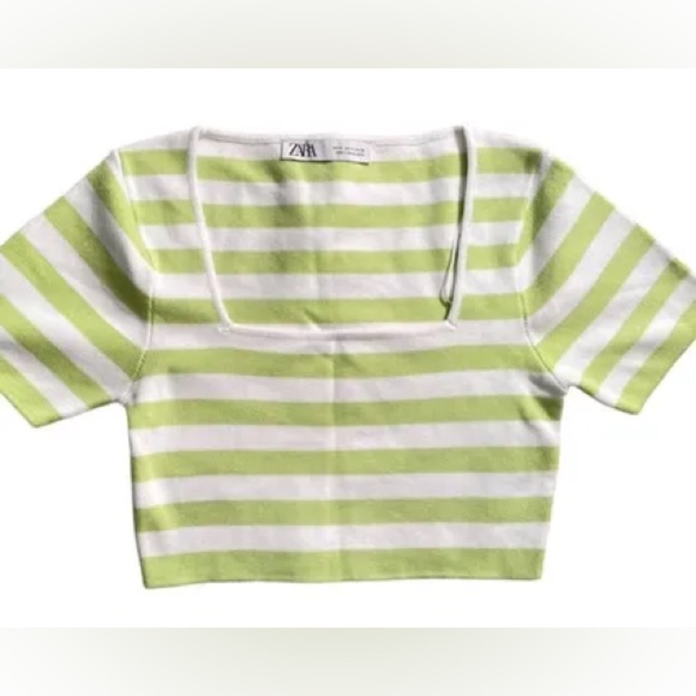 NEW Zara Large cropped square-neck green white stripes sweater